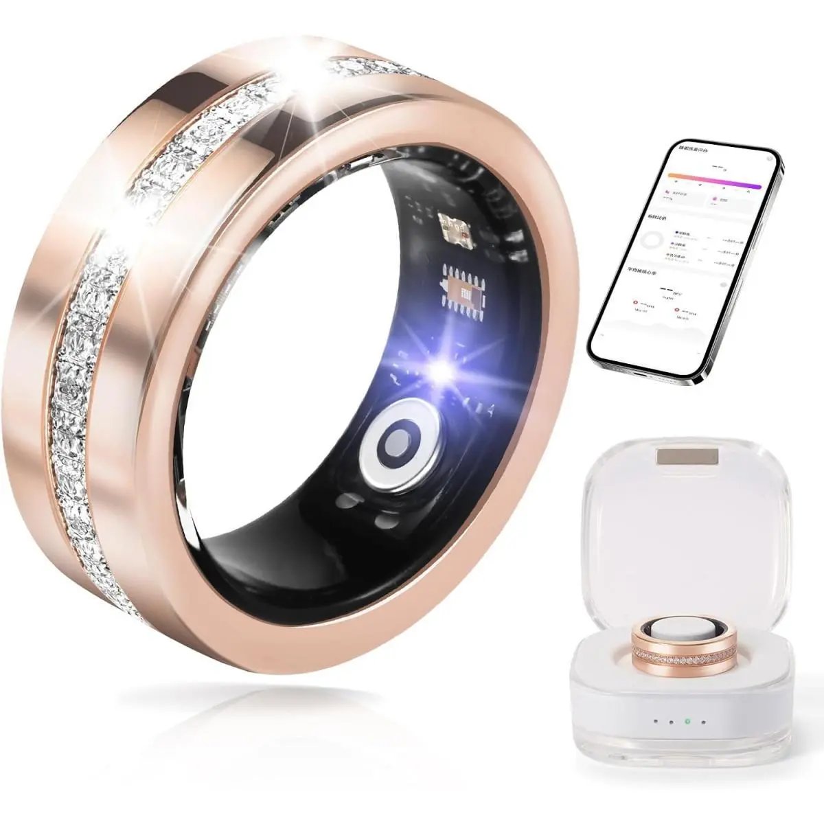 2025 New Smart Ring For Women, Health & Fitness Tracker With Heart Rate, Blood Oxygen, Sleep Monitoring, Elegant Rose Gold Design With Crystal Accents, IP68 Waterproof, Gesture Control PeakPursuitFitness