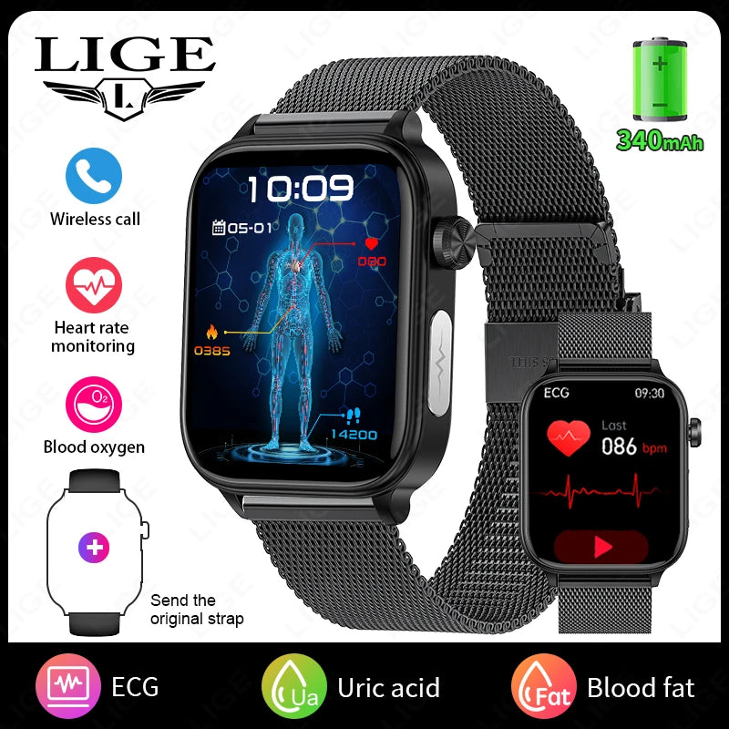 LIGE 2025 Smart Watch – ECG+PPG, Blood Lipid & Uric Acid Monitor, BT Call