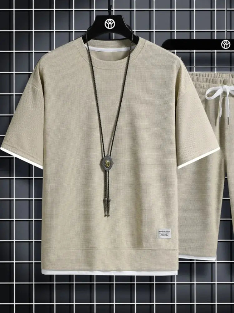 men's summer waffle set– Casual T-Shirt & Shorts Tracksuit