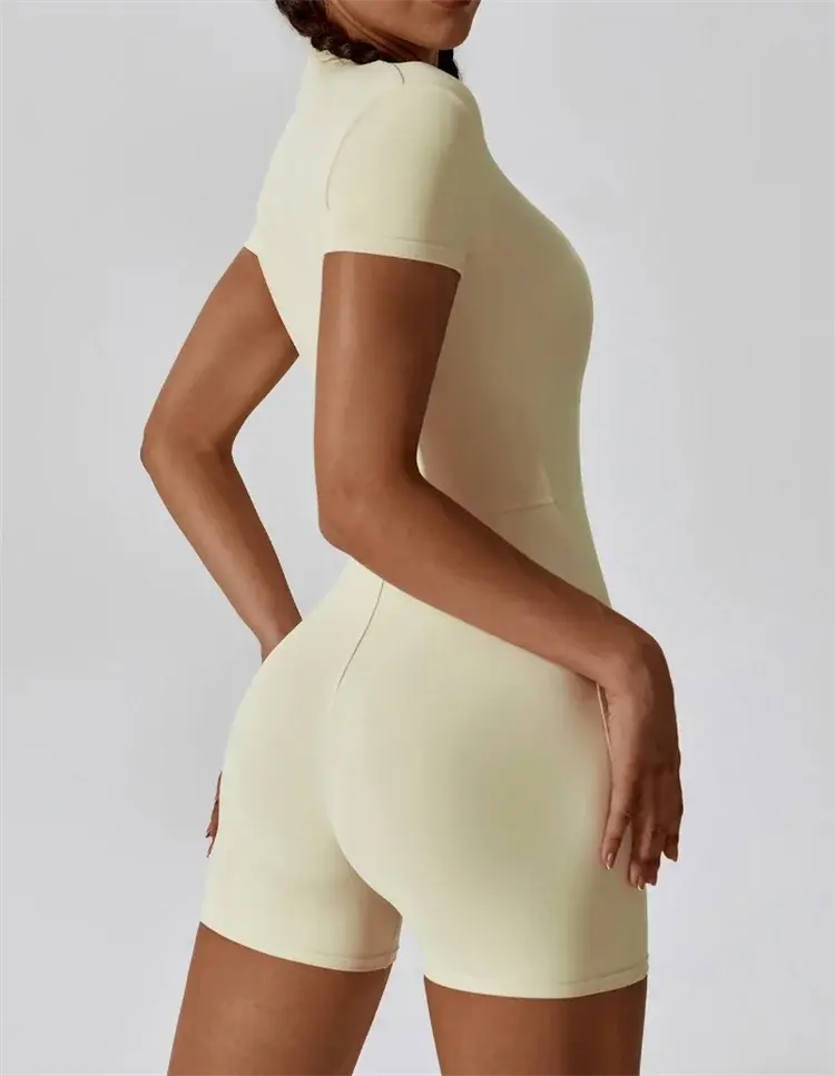 Nude One-Piece Yoga Jumpsuit – Short Sleeve, Zipper, Tight Fit