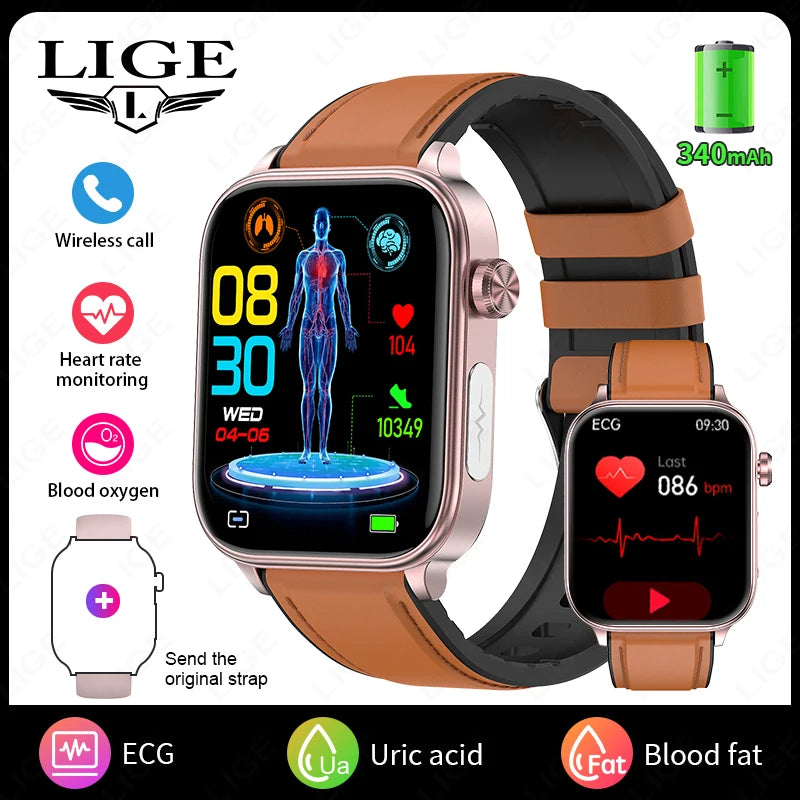 LIGE 2025 Smart Watch – ECG+PPG, Blood Lipid & Uric Acid Monitor, BT Call