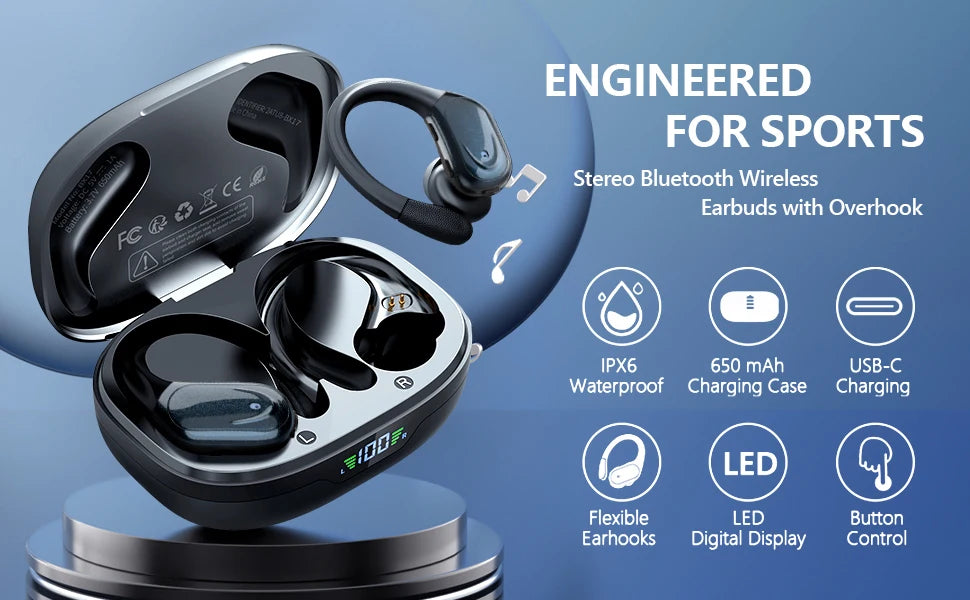 Bluetooth 5.3 Wireless Earphones – Noise-Reducing Sports Headset with Mic