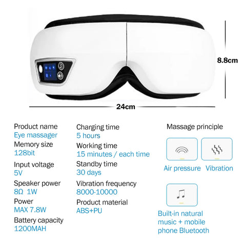 6D Smart Eye Massager – Vibration, Airbag Compress & Bluetooth Music