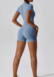 Nude One-Piece Yoga Jumpsuit – Short Sleeve, Zipper, Tight Fit