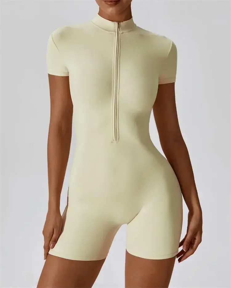 Nude One-Piece Yoga Jumpsuit – Short Sleeve, Zipper, Tight Fit