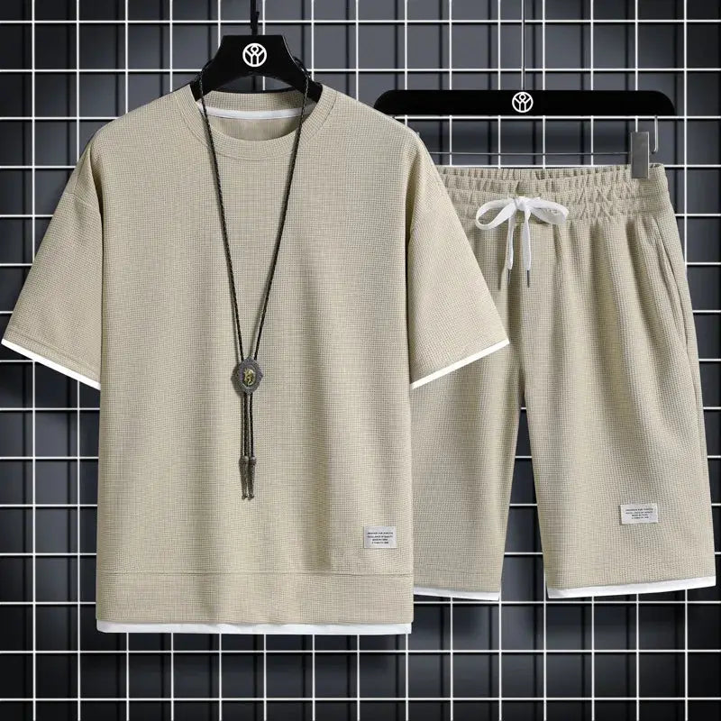 men's summer waffle set– Casual T-Shirt & Shorts Tracksuit