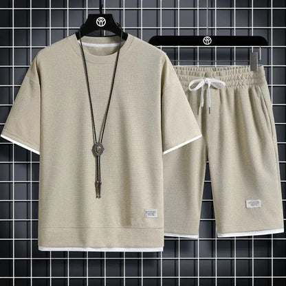men's summer waffle set– Casual T-Shirt & Shorts Tracksuit