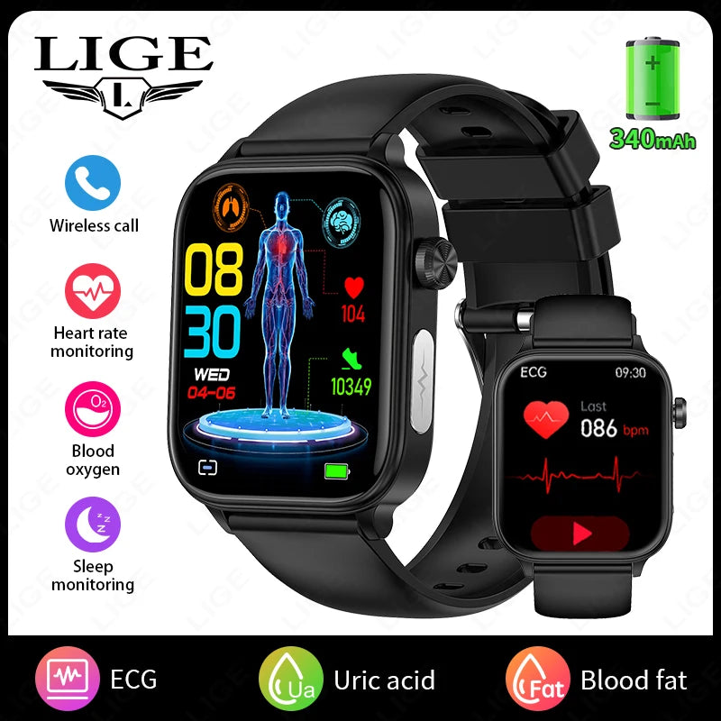 LIGE 2025 Smart Watch – ECG+PPG, Blood Lipid & Uric Acid Monitor, BT Call