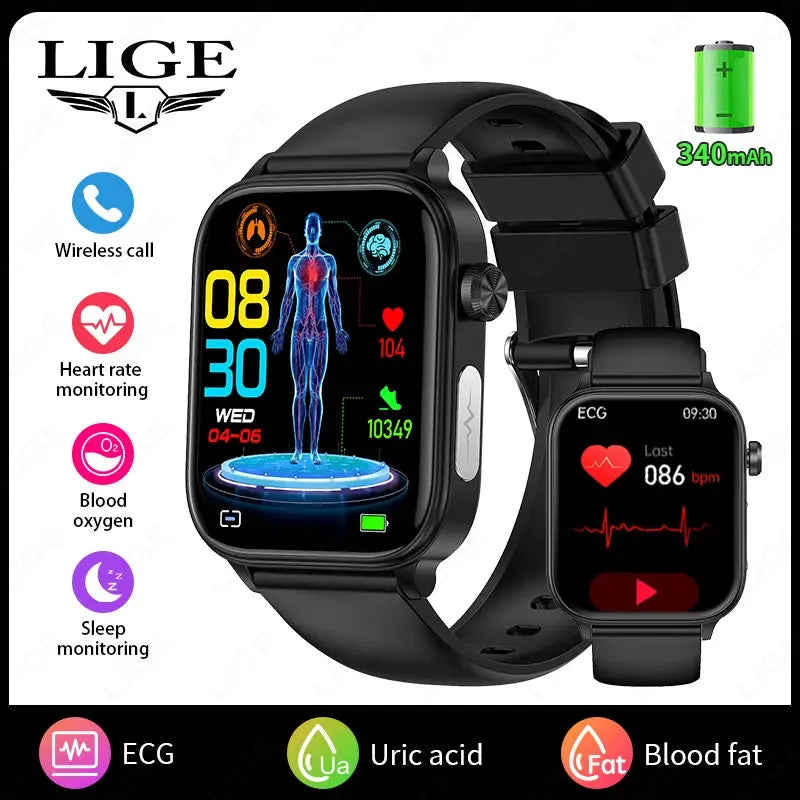 LIGE Smart Watch – ECG+PPG, Blood Lipid & Uric Acid Monitor, BT Call