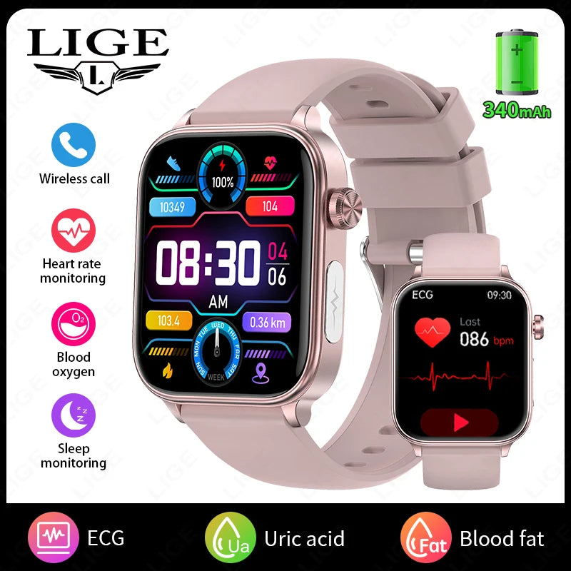 LIGE 2025 Smart Watch – ECG+PPG, Blood Lipid & Uric Acid Monitor, BT Call