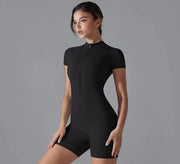 Nude One-Piece Yoga Jumpsuit – Short Sleeve, Zipper, Tight Fit