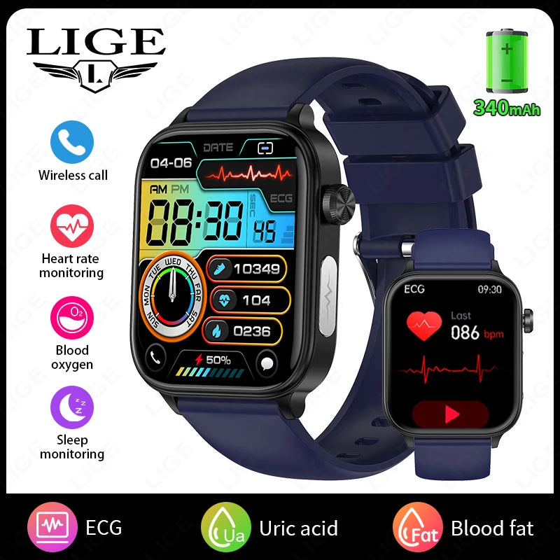 LIGE 2025 Smart Watch – ECG+PPG, Blood Lipid & Uric Acid Monitor, BT Call