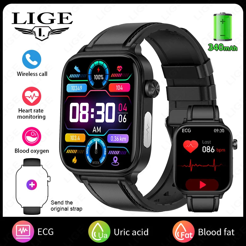 LIGE 2025 Smart Watch – ECG+PPG, Blood Lipid & Uric Acid Monitor, BT Call