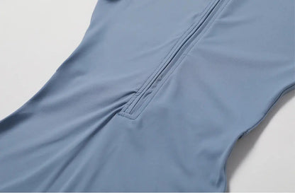 Nude One-Piece Yoga Jumpsuit – Short Sleeve, Zipper, Tight Fit