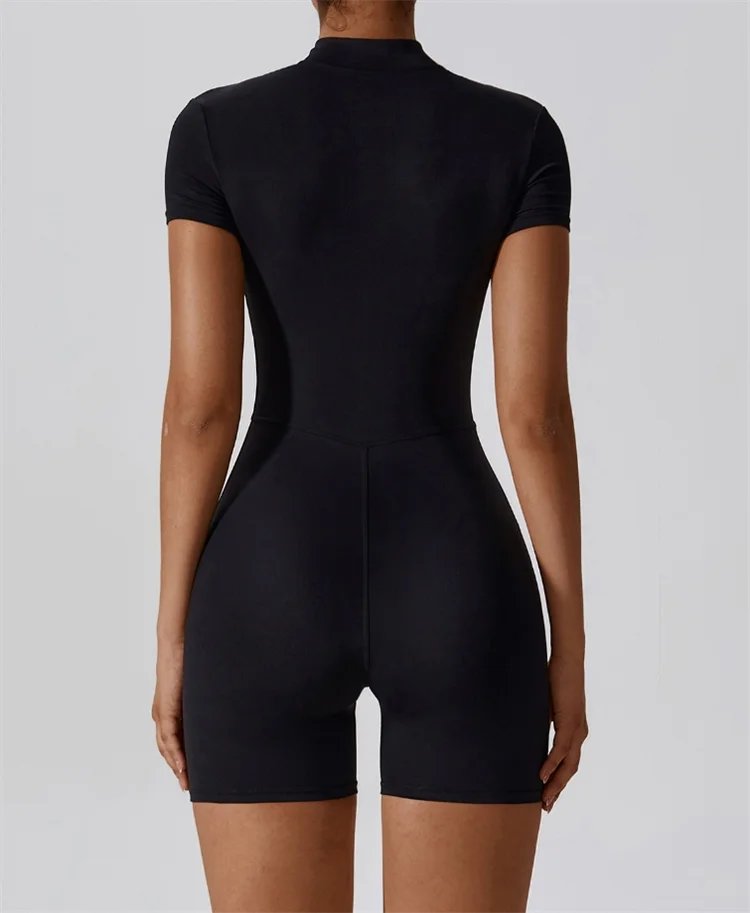 Nude One-Piece Yoga Jumpsuit – Short Sleeve, Zipper, Tight Fit