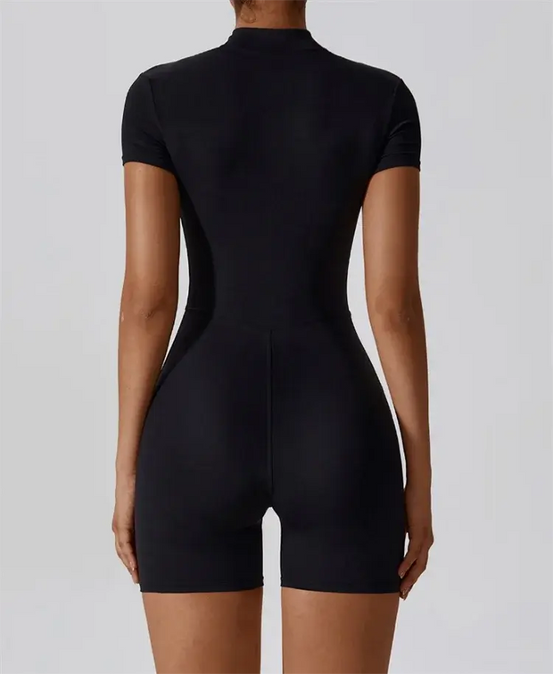 Nude One-Piece Yoga Jumpsuit – Short Sleeve, Zipper, Tight Fit