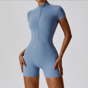 Nude One-Piece Yoga Jumpsuit – Short Sleeve, Zipper, Tight Fit