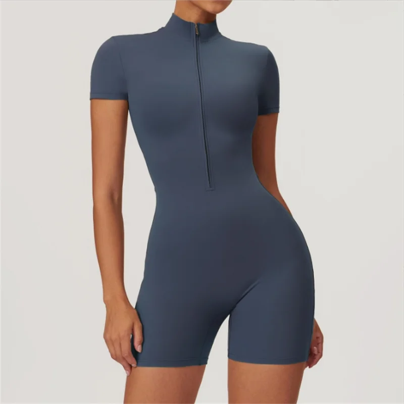 Nude One-Piece Yoga Jumpsuit – Short Sleeve, Zipper, Tight Fit