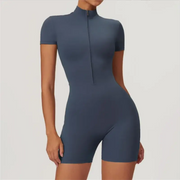 Nude One-Piece Yoga Jumpsuit – Short Sleeve, Zipper, Tight Fit