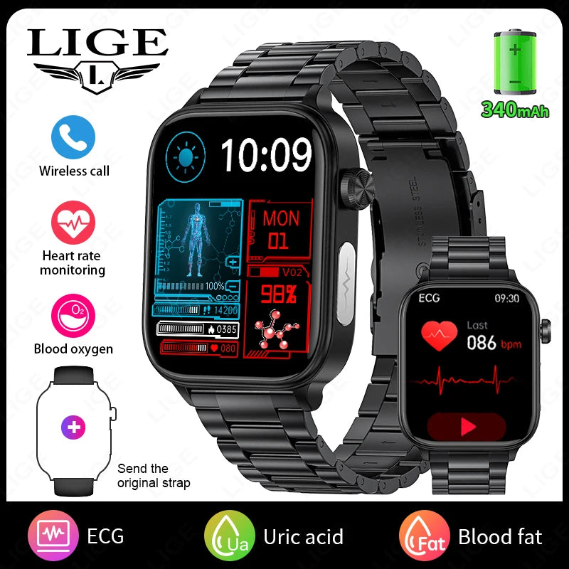 LIGE 2025 Smart Watch – ECG+PPG, Blood Lipid & Uric Acid Monitor, BT Call