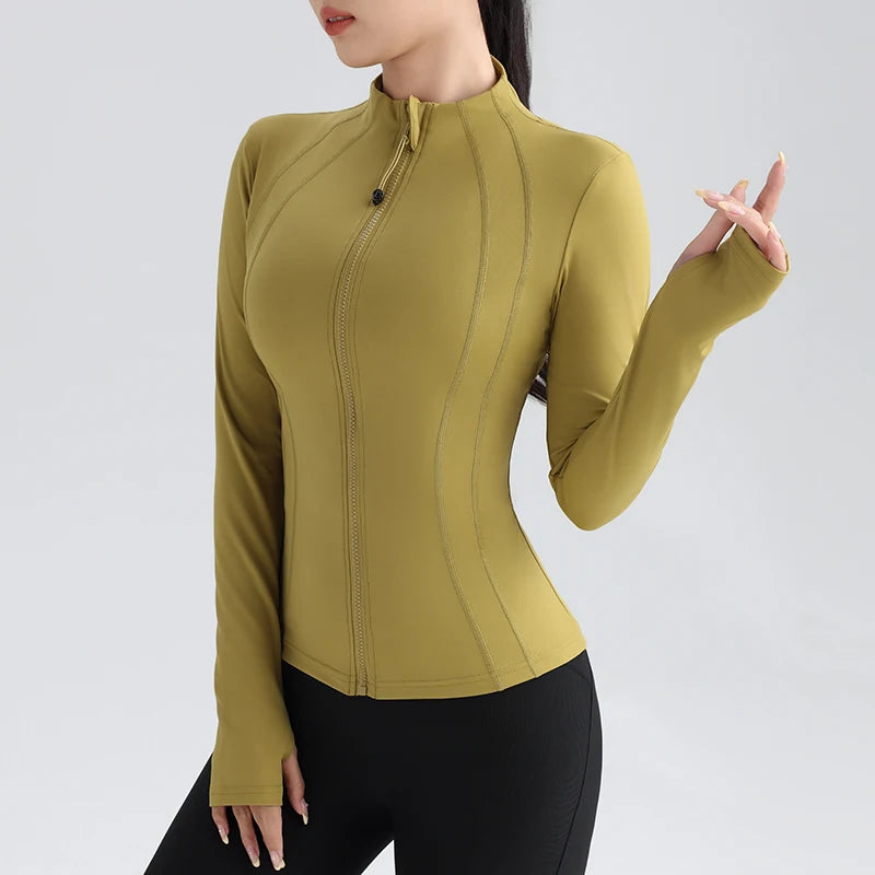 Women’s Full Zip Yoga Jacket – Long Sleeve Fitness Top with Thumbholes