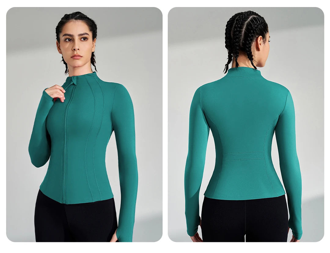 Women’s Full Zip Yoga Jacket – Long Sleeve Fitness Top with Thumbholes