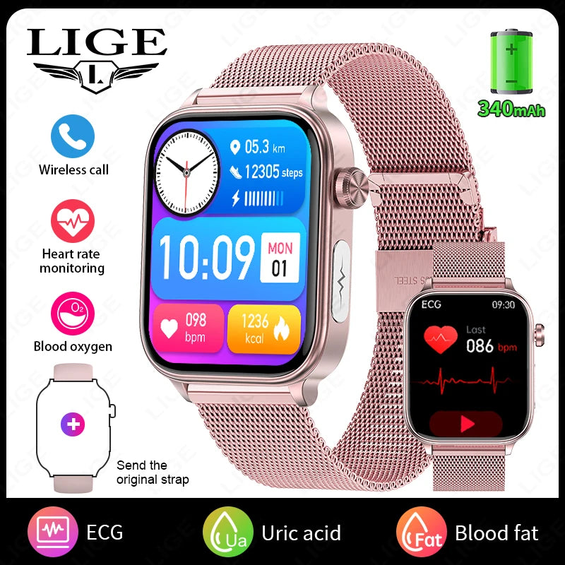 LIGE 2025 Smart Watch – ECG+PPG, Blood Lipid & Uric Acid Monitor, BT Call