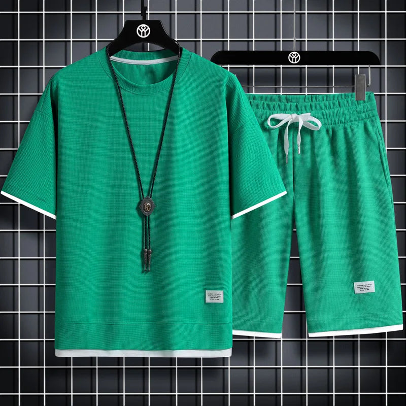 2024 Men’s Summer Waffle Set – Casual T-Shirt & Shorts Tracksuit