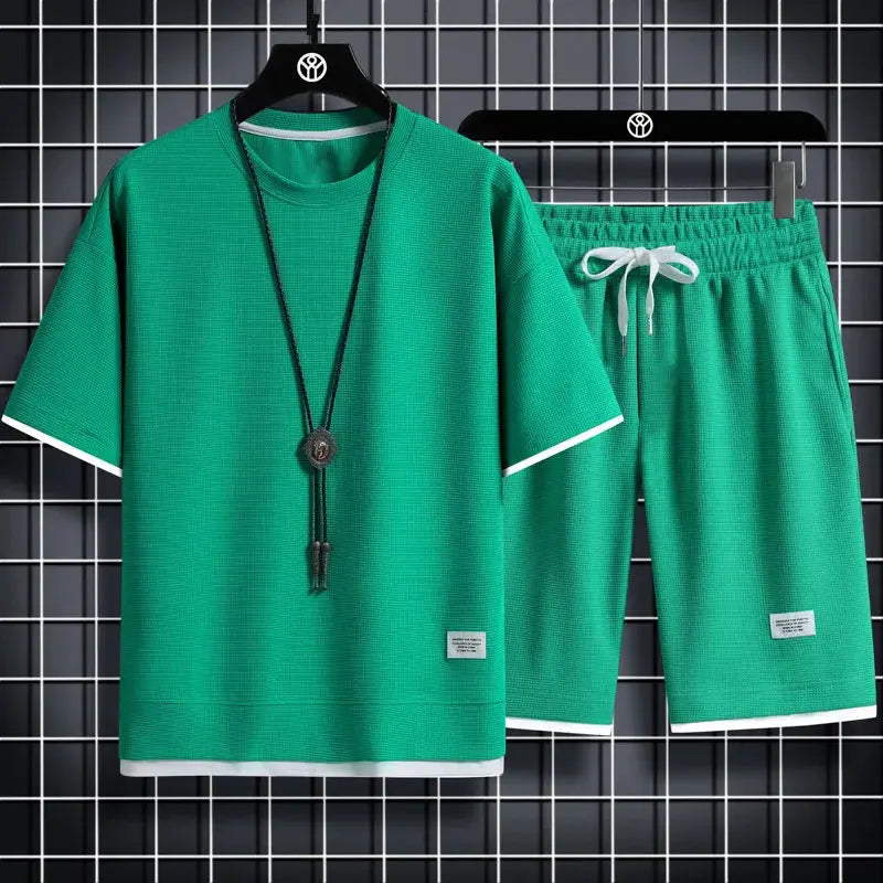 men's summer waffle set– Casual T-Shirt & Shorts Tracksuit