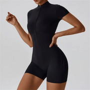 Nude One-Piece Yoga Jumpsuit – Short Sleeve, Zipper, Tight Fit