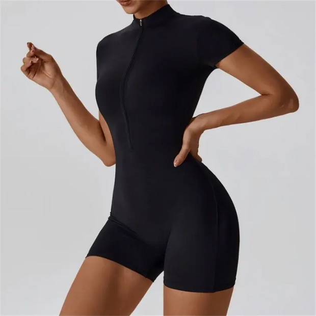 Nude One-Piece Yoga Jumpsuit – Short Sleeve, Zipper, Tight Fit