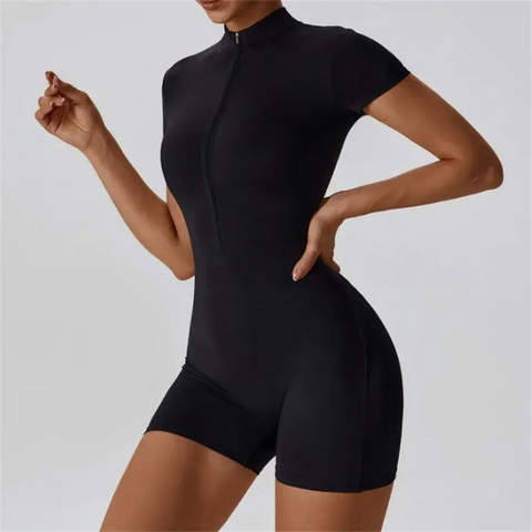 Nude One-Piece Yoga Jumpsuit – Short Sleeve, Zipper, Tight Fit