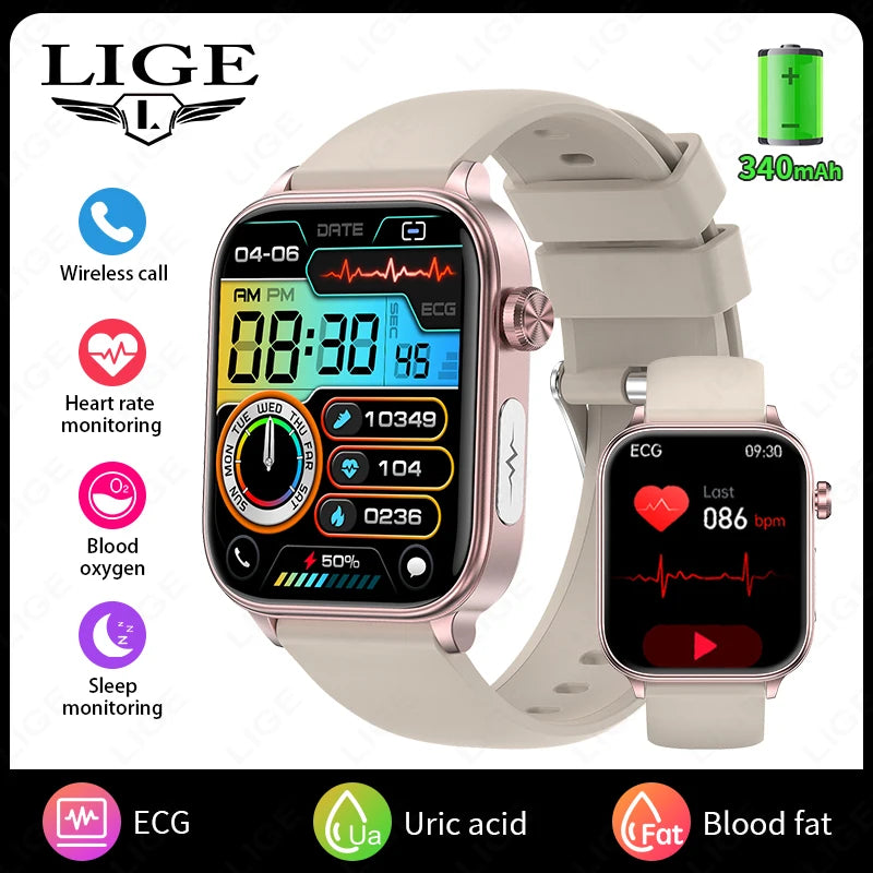 LIGE 2025 Smart Watch – ECG+PPG, Blood Lipid & Uric Acid Monitor, BT Call
