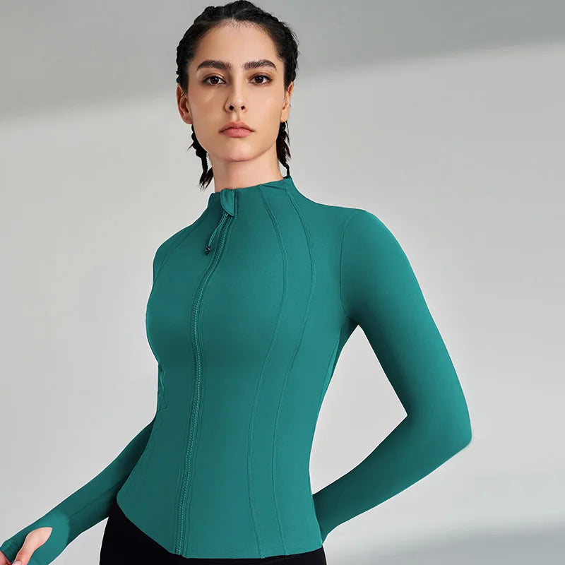 Women’s Full Zip Yoga Jacket – Long Sleeve Fitness Top with Thumbholes