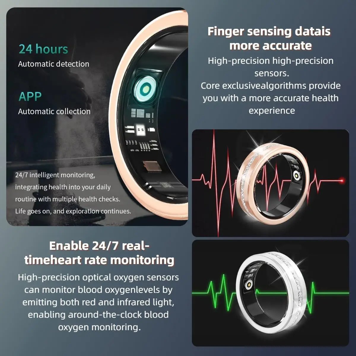2025 New Smart Ring For Women, Health & Fitness Tracker With Heart Rate, Blood Oxygen, Sleep Monitoring, Elegant Rose Gold Design With Crystal Accents, IP68 Waterproof, Gesture Control PeakPursuitFitness