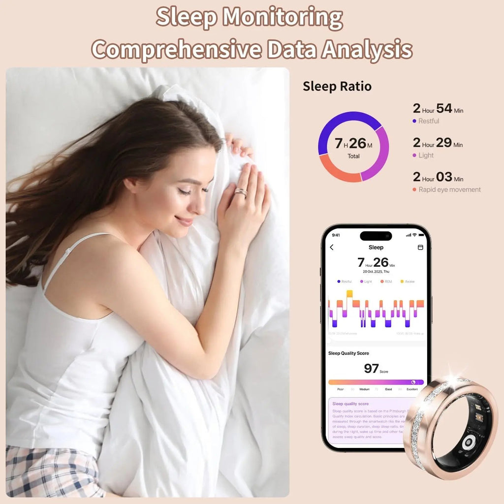 2025 New Smart Ring For Women, Health & Fitness Tracker With Heart Rate, Blood Oxygen, Sleep Monitoring, Elegant Rose Gold Design With Crystal Accents, IP68 Waterproof, Gesture Control PeakPursuitFitness